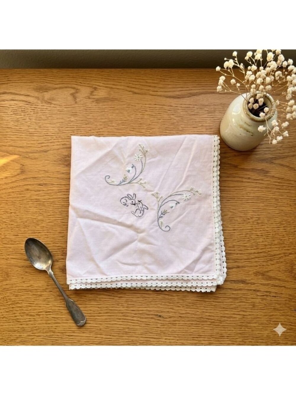 Vintage 1950s Pink Bunny Tablecloth Embroidered Easter Rabbit Kitsch Cottagecore